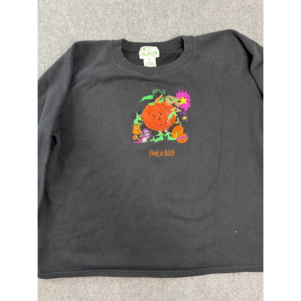 Vintage Quacker Factory Womens Halloween Sweatshirt 2X Black Embroidered Pumpkin